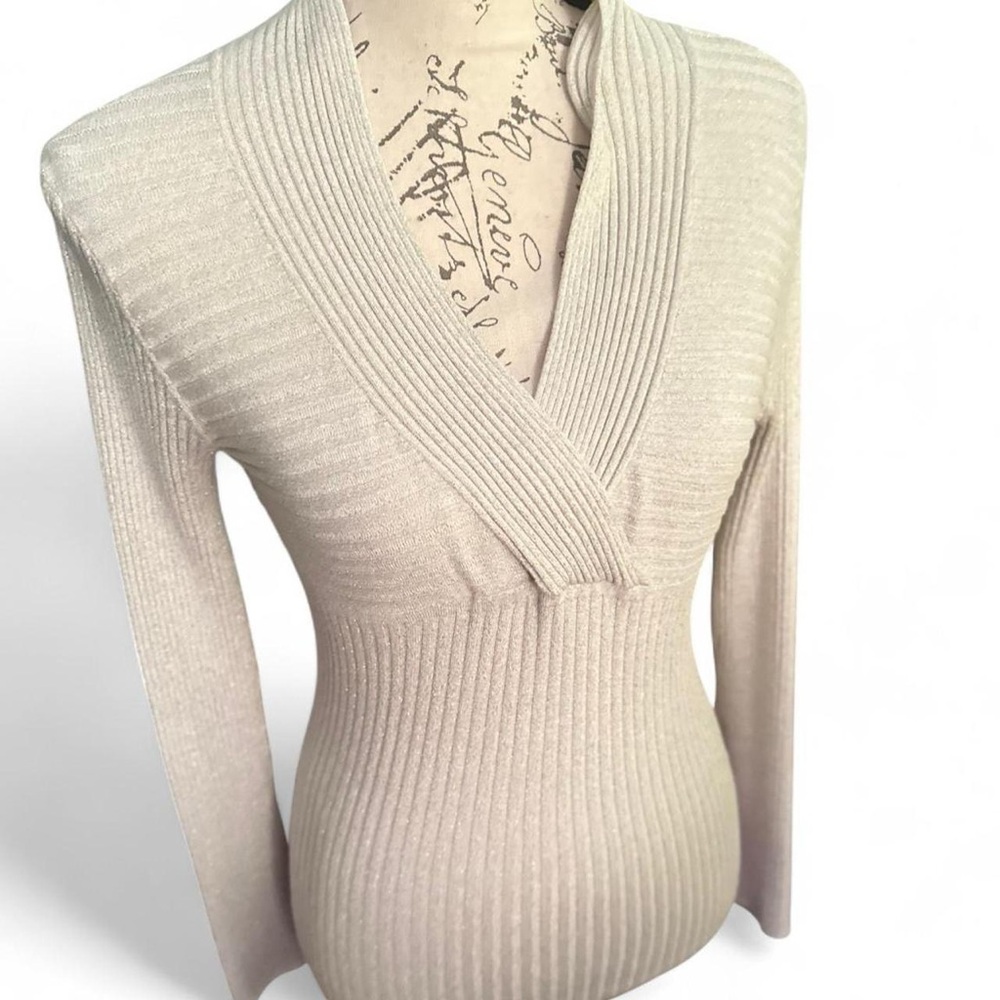 Cream Knit V-Neck Sweater w metallic gold accents.
